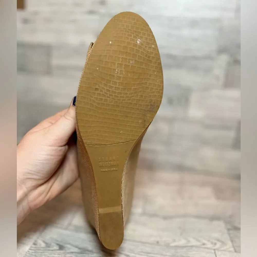 Stuart Weitzman tan embossed wedges with tortoise shell accent buckle size 7.5 - Picture 10 of 16